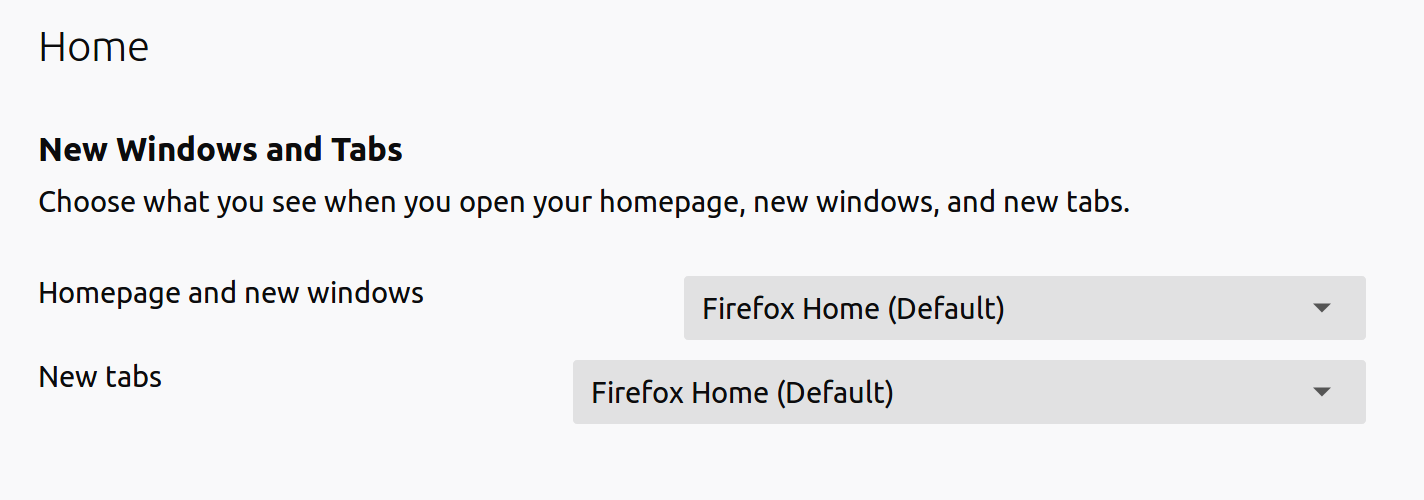 Setting page of Firefox, with item referring to homepage