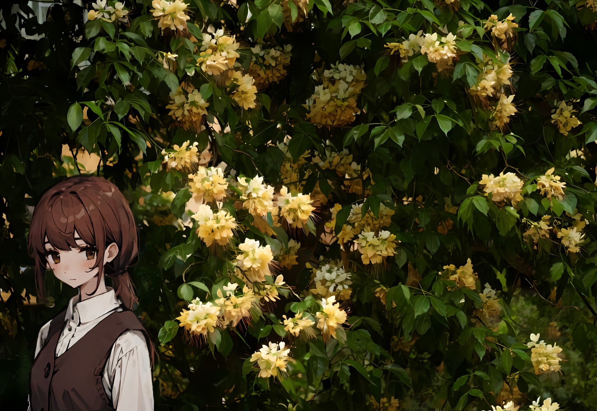 Girl standing under flowers