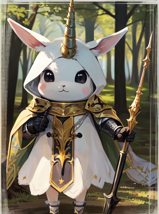 Rabbit with unicorn horn holding a spear