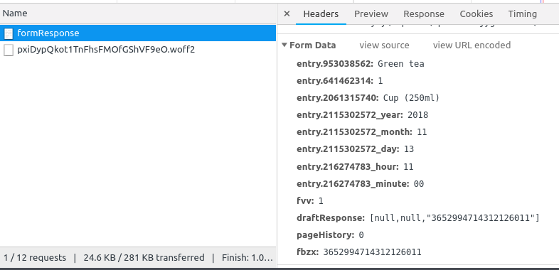 Form data of POST request when submitting a Google Form response